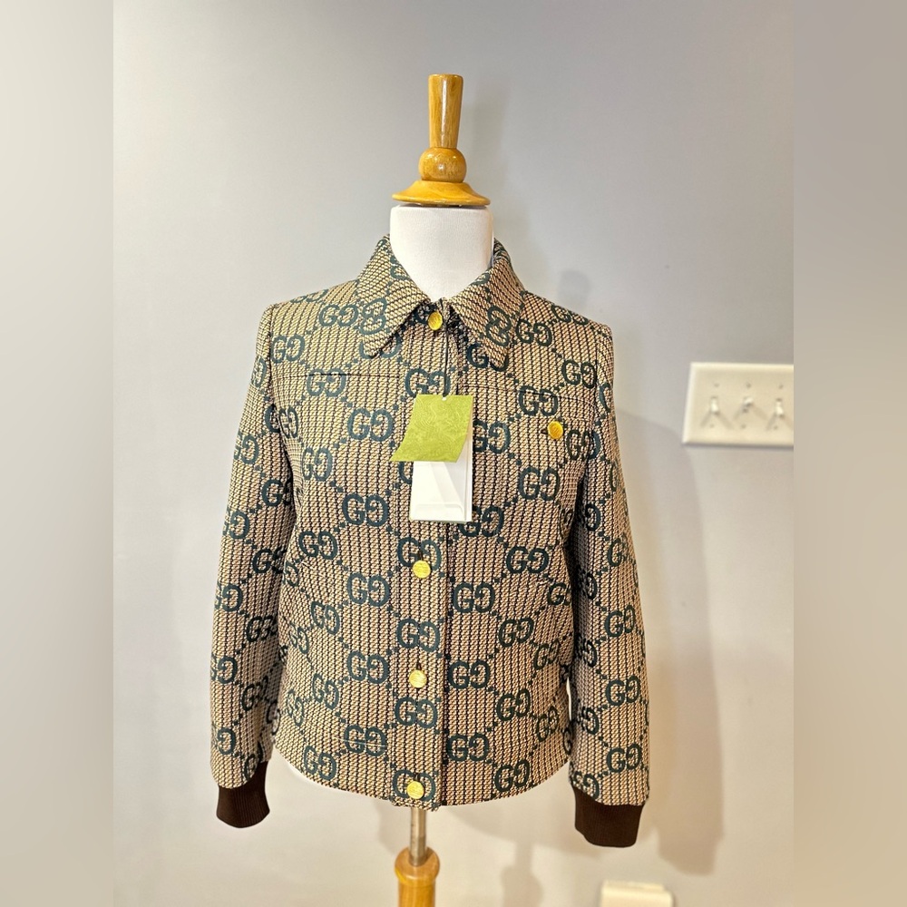 💯% Authentic! Brand New! Gucci GG WOOL BOMBER JACKET Beige and Brown size IT36